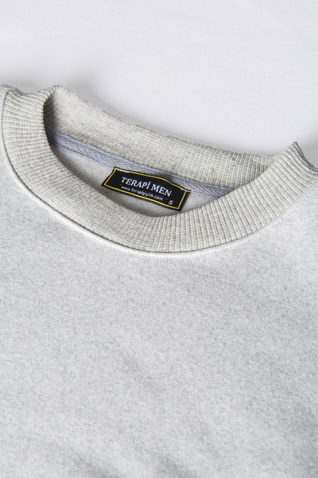 Unisex Gri Oversize Kalın Üç İplik Şardonlu Bisiklet Yaka Basic Sweatshirt - 2