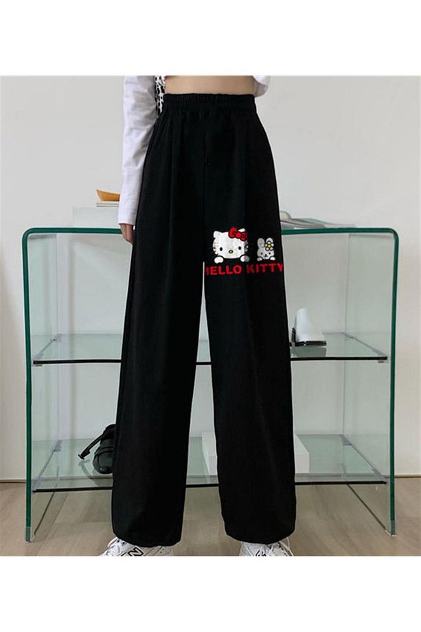 Hello Kitty Baskılı Oversize Unisex Siyah Eşofman Altı - 1