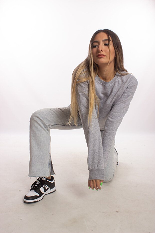 Kadin Gri Basic Oversize Sweatshirt - 4