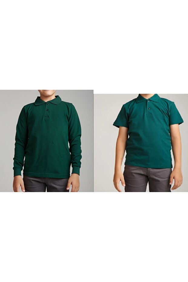 Unisex Children's Short - Long Sleeve Regular Fit Polo Collar Solid Color School Combed Lacoste T-Shirt Double Pack