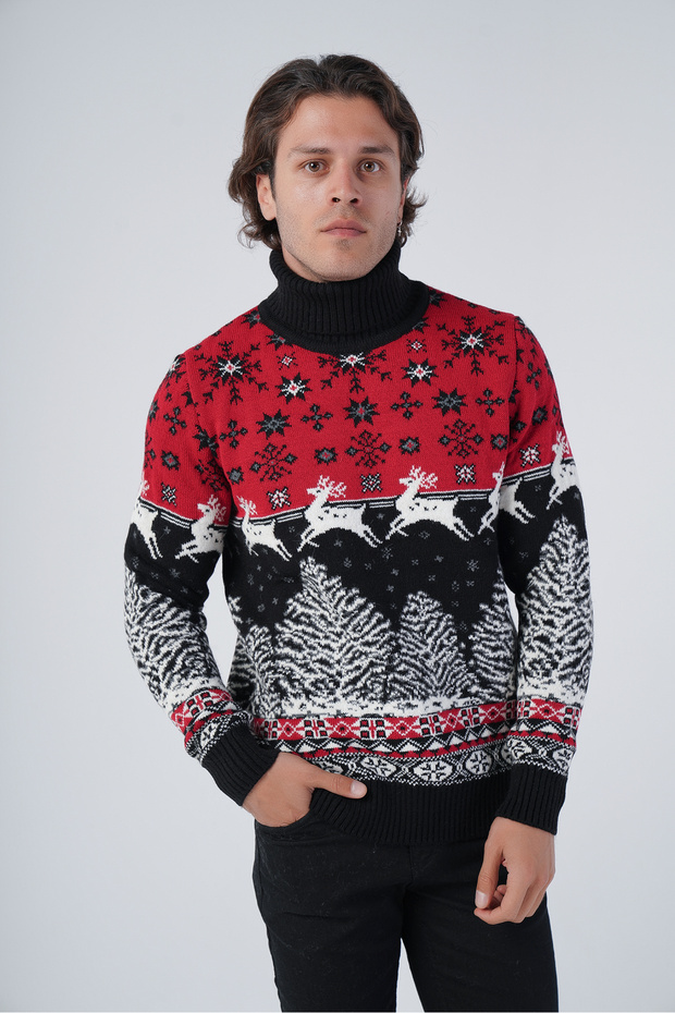 Black Men's Jacquard Deer Patterned Turtleneck New Year's Knitwear Wool Sweater