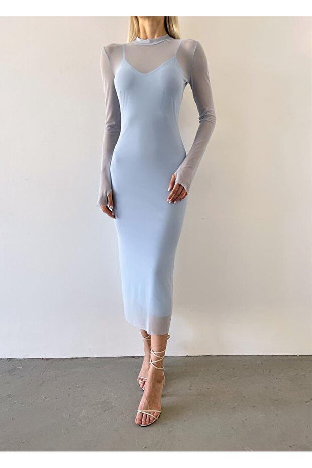 Blue Half Turtleneck Long Tulle Midi Dress