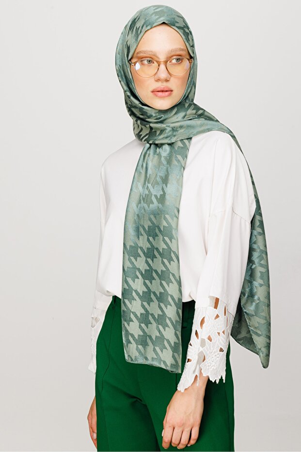 Mildew Green Houndstooth Pattern Shiny Jacquard Shawl