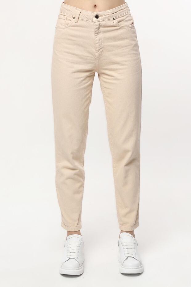 High Waist Lycra Ecru Mom Jeans Flexible Denim Trousers