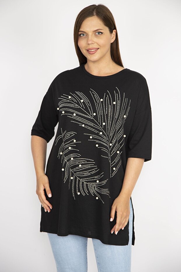 Women's Plus Size Black Jewelled and Pearl Embroidered Bicycle Collar Side Slit Blouse 65n36698