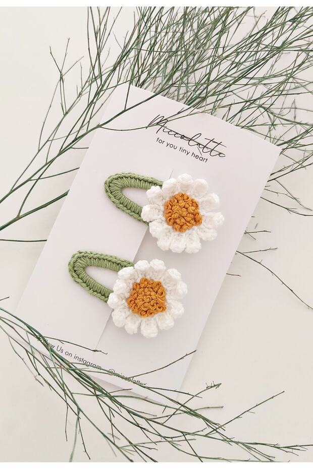 Bebek ve Çocuk El Örgüsü Tomurcuk işlemeli Papatya Çıtçıtlı Toka 2li set - 4