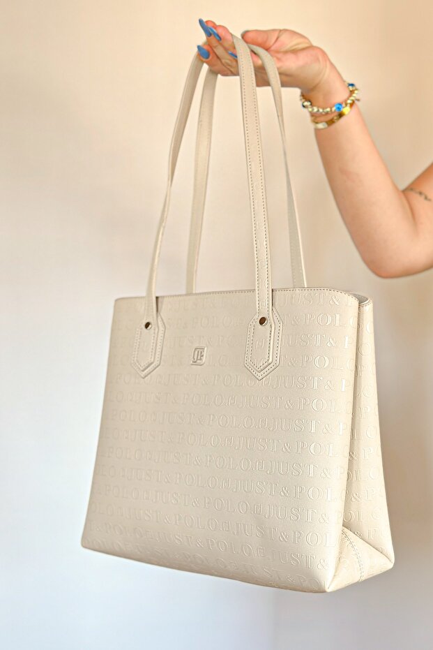 2 Compartments, 5 Compartments Embossed Printed Large Size Women's Shoulder Bag 4028 stone