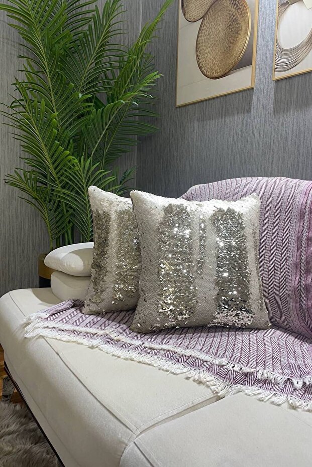 Sequined Throw Pillow Cover - Gold & Cream (Reversible)