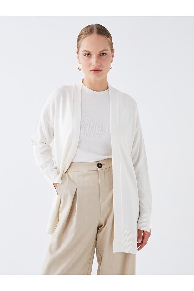 Şal Yaka Düz Uzun Kollu Oversize Kadın Triko Hırka - 2