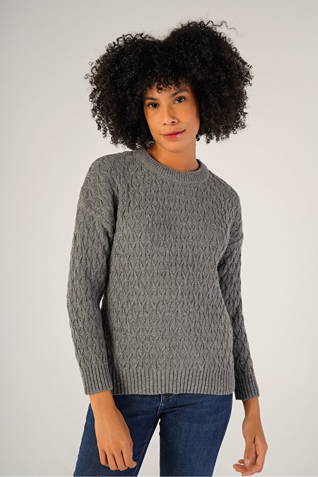 Gray Women's Hair Running Crew Neck Wool Sweater