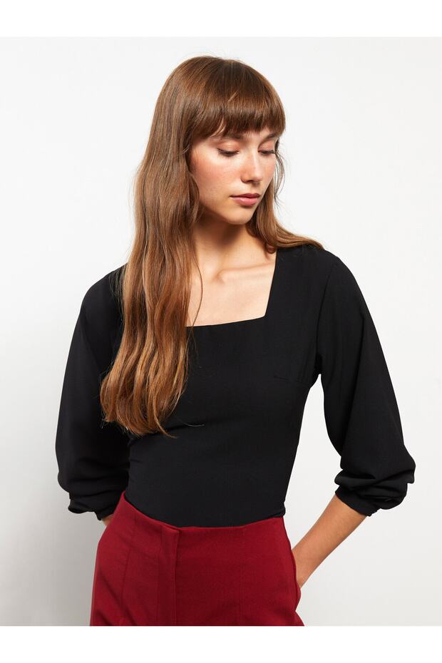 Square Neck Plain Long Sleeve Women's Blouse