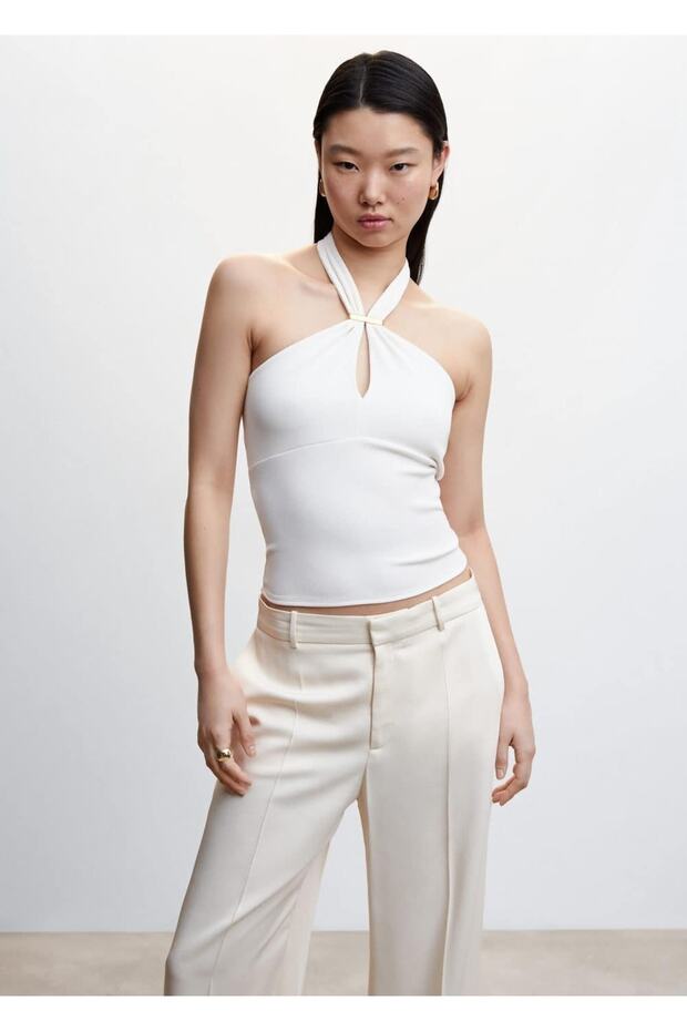 Metal Detaylı Halter Yaka Bluz - 1