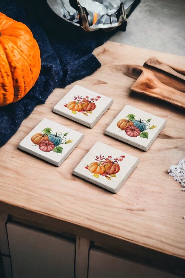 Pumpkin Fall, Pumpkin Autumn Themed Natural Stone Travertine Coasters Set of 4