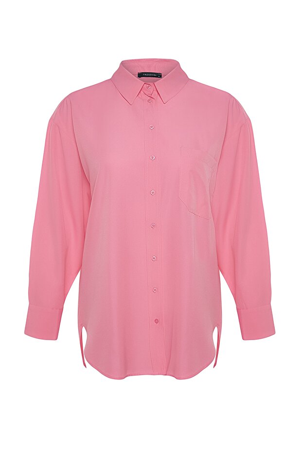 Pudra Loose Fit Pamuklu Uzun Kol Büyük Beden Dokuma Gömlek TBBSS22GO0323 - 7