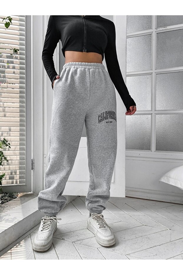 California Jogger Eşofman Altı - Gri Baskılı Lastik Paça Şardonlu Yüksek Bel - 5