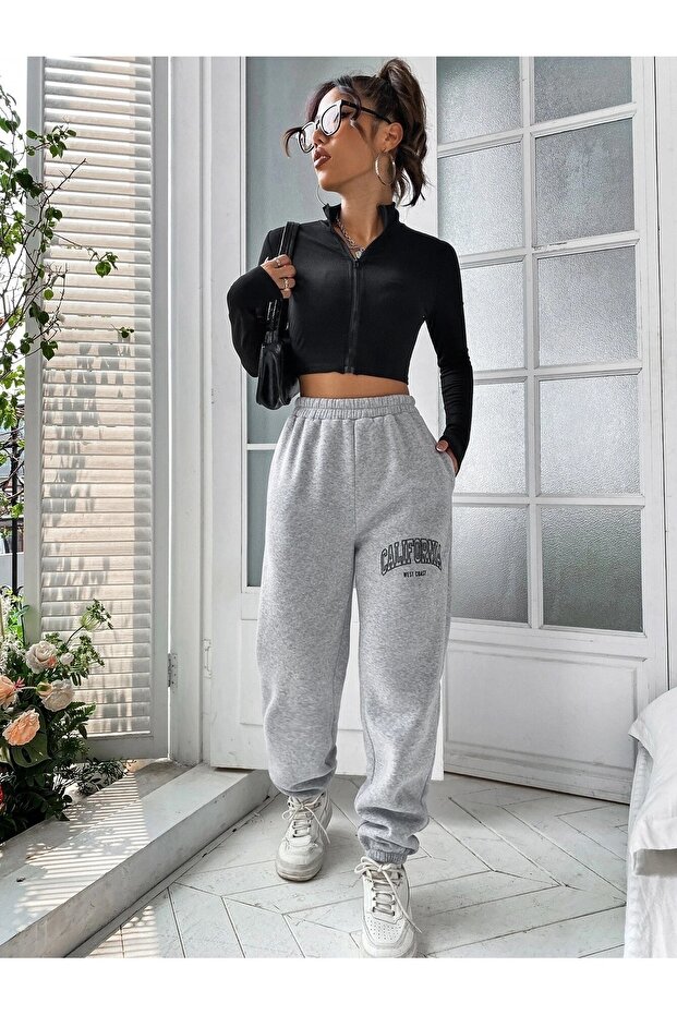 California Jogger Eşofman Altı - Gri Baskılı Lastik Paça Şardonlu Yüksek Bel - 6