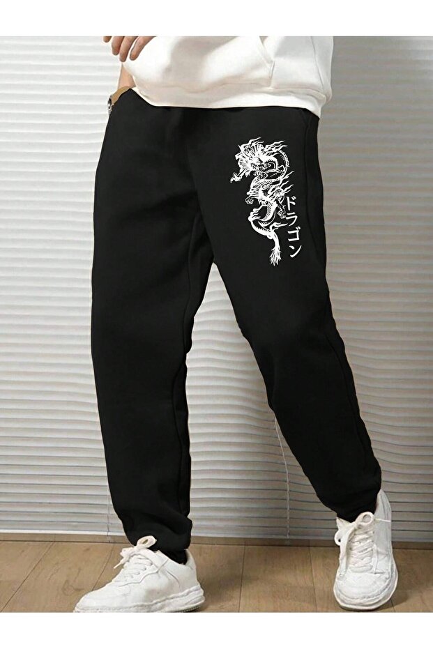 بنطال رياضي Dragon Jogger - ساق مطاطية مطبوعة باللون الأسود وخصر مرتفع