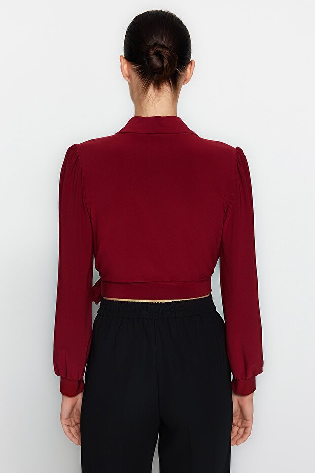 Bordo Kruvaze Kapamalı Crop Esnek Örme Bluz TWOAW24BZ00071 - 5