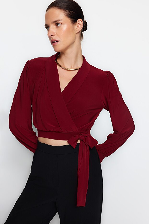 Bordo Kruvaze Kapamalı Crop Esnek Örme Bluz TWOAW24BZ00071 - 1