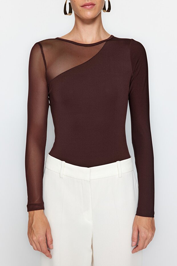 Kahverengi Tül Detaylı Çıtçıtlı Esnek Örme Body TWOAW24BD00021 - 3