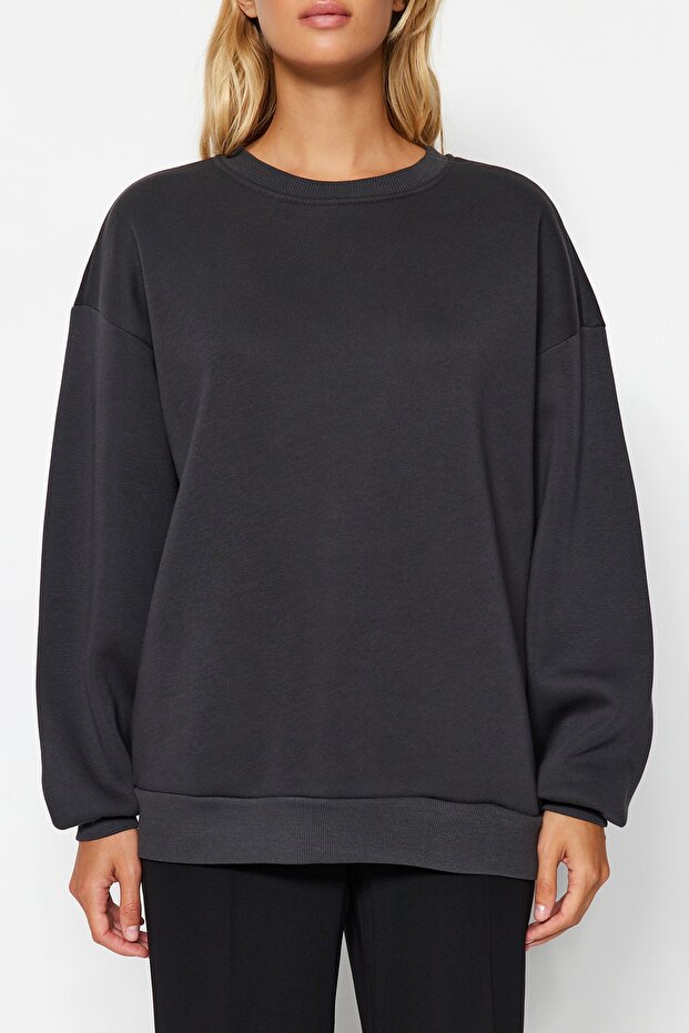 Antrasit Oversize/Rahat Kesim Basic Bisiklet Yaka Kalın/İçi polarlı Örme Sweatshirt TWOAW24SW00102 - 6
