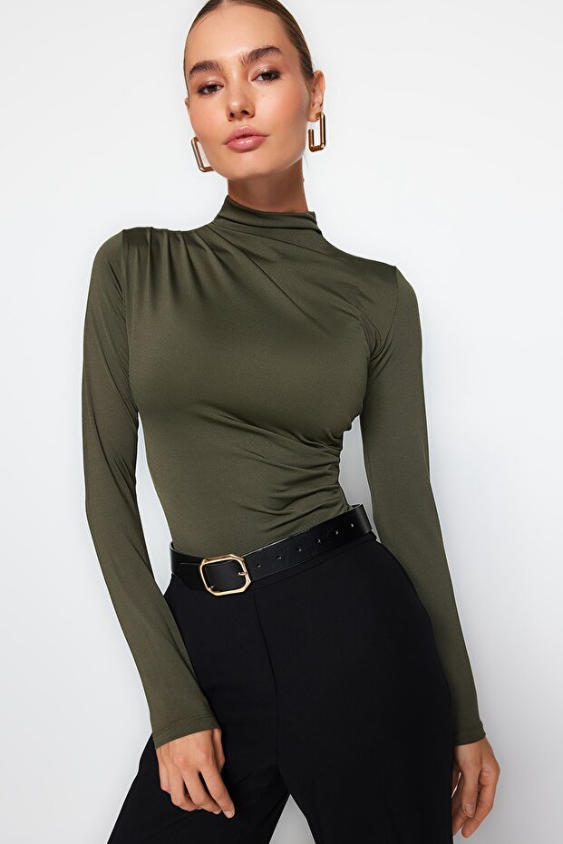 Khaki Gather Detailed Stand Collar Stretch Knitted Body with Snap Fasteners TWOAW24BD00014 - 2