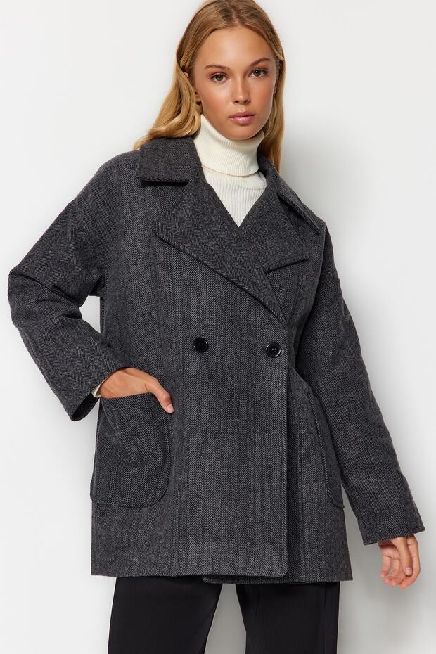 Antrasit Oversize Geniş Kesim Kaşe Kaban TWOAW24KB00165 - 3