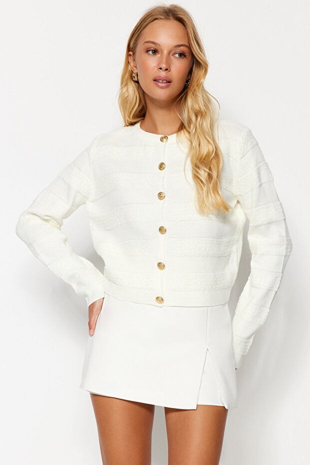 Ecru Bunda s výstrihom Vzhľad Pletený Cardigan TWOAW24HI00337 - 1