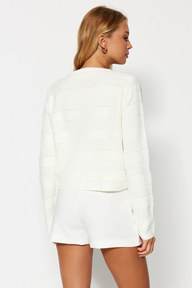 Ecru Bunda s výstrihom Vzhľad Pletený Cardigan TWOAW24HI00337 - 5