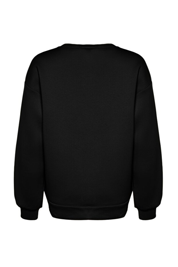 Siyah Oversize/Bol Kesim Bisiklet Yaka Kalın/İçi polarlı Örme Sweatshirt TWOAW24SW00102 - 8