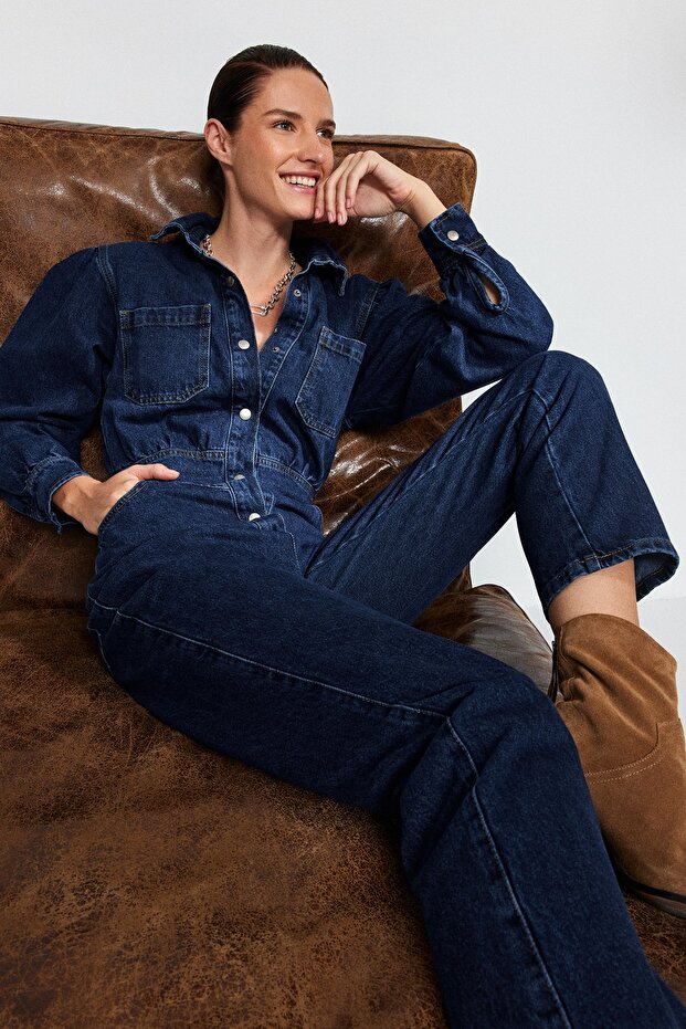 Lacivert Balon Kollu Denim Tulum TWOAW22TU0041 - 3