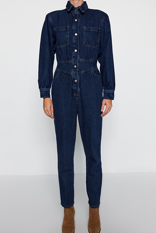 Lacivert Balon Kollu Denim Tulum TWOAW22TU0041 - 4