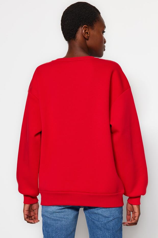 Kırmızı Oversize/Rahat Kesim Basic Bisiklet Yaka Kalın/İçi polarlı Örme Sweatshirt TWOAW24SW00102 - 7