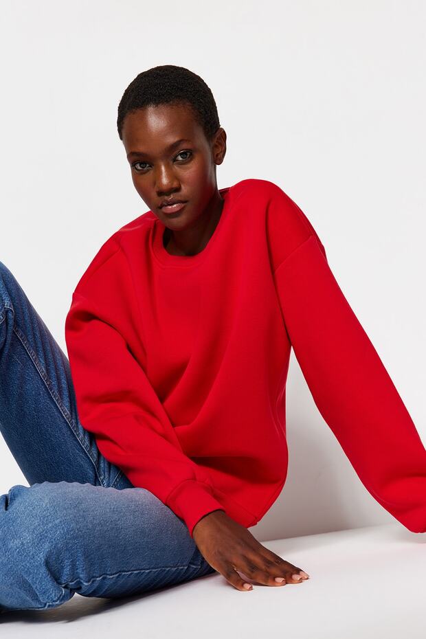 Kırmızı Oversize/Rahat Kesim Basic Bisiklet Yaka Kalın/İçi polarlı Örme Sweatshirt TWOAW24SW00102 - 3