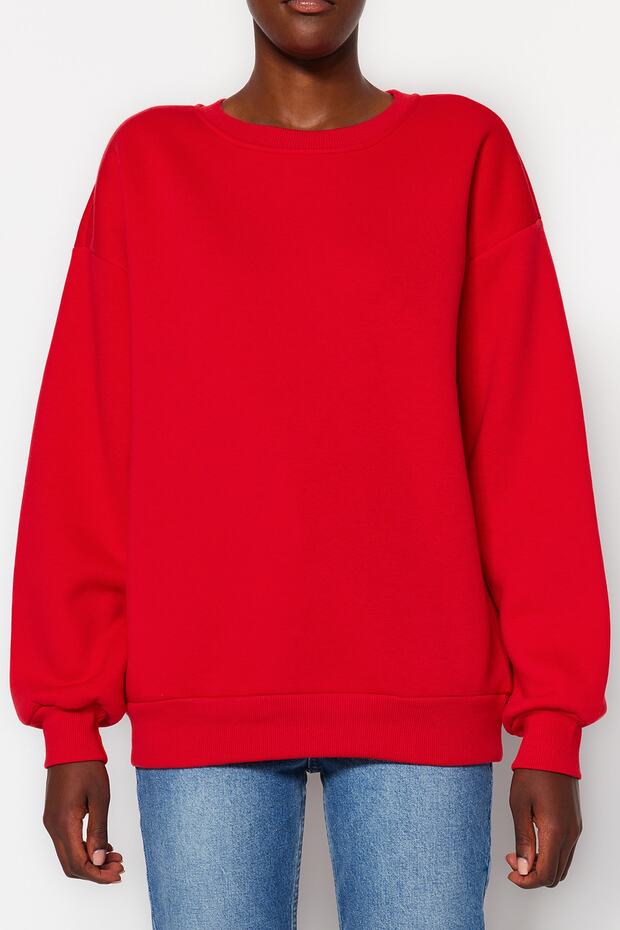 Kırmızı Oversize/Rahat Kesim Basic Bisiklet Yaka Kalın/İçi polarlı Örme Sweatshirt TWOAW24SW00102 - 5