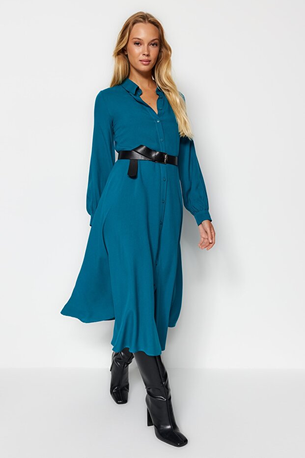 Benzínové páskové midi tkané košilové šaty TWOAW21EL1428 - 2