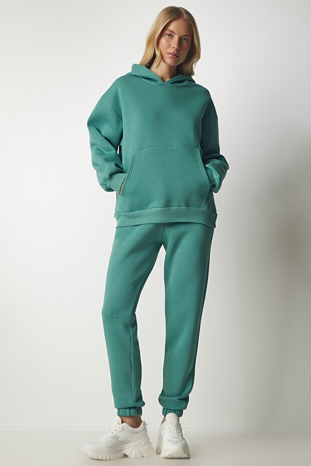 Women's Dark Green Hooded Ribbed Tracksuit Set DD00762 - 2