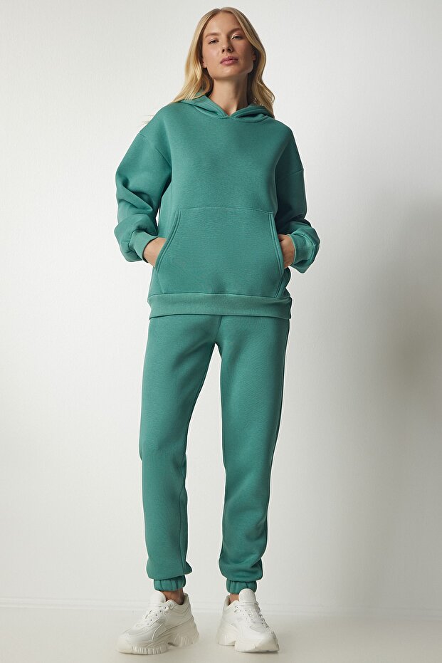 Women's Dark Green Hooded Ribbed Tracksuit Set DD00762 - 3