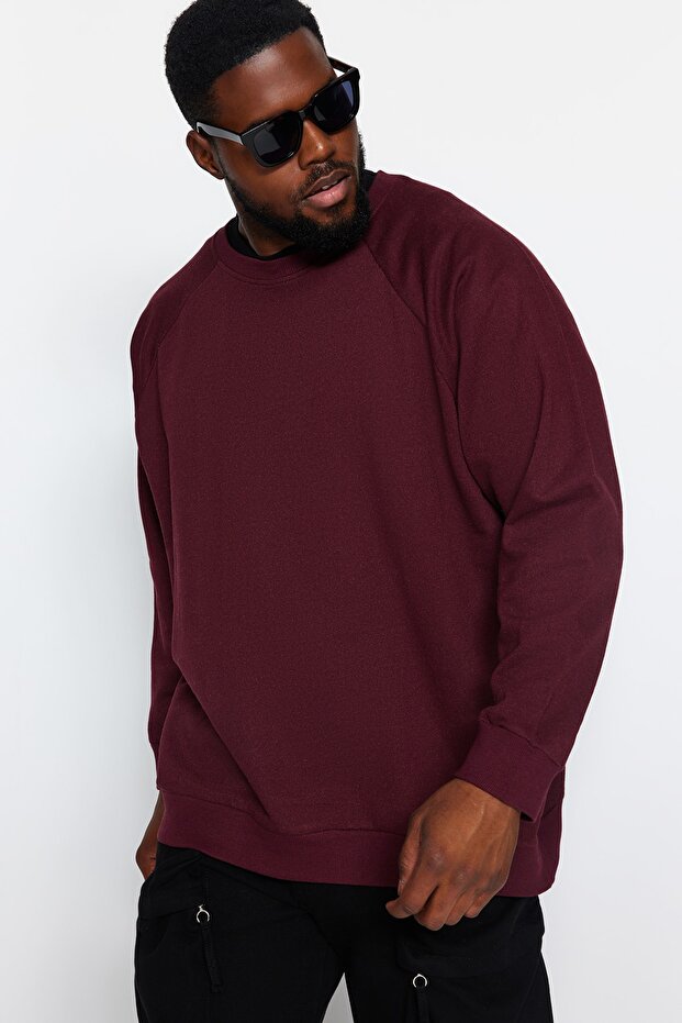 Bordo Büyük Beden Bisiklet Yaka Oversize/Geniş Kesim İçi Polar Sweatshirt TMNAW24AO00007 - 1