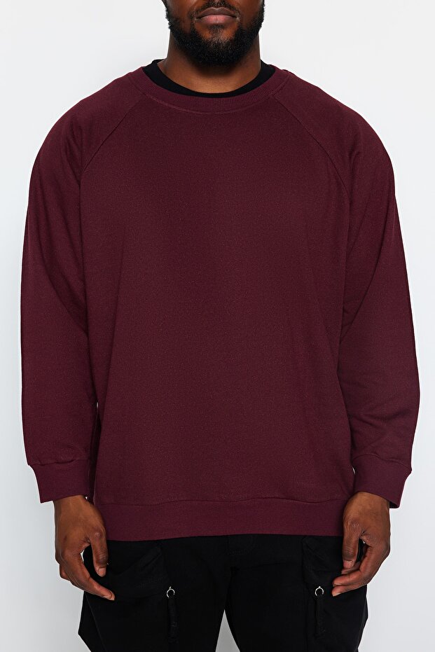 Bordo Büyük Beden Bisiklet Yaka Oversize/Geniş Kesim İçi Polar Sweatshirt TMNAW24AO00007 - 4