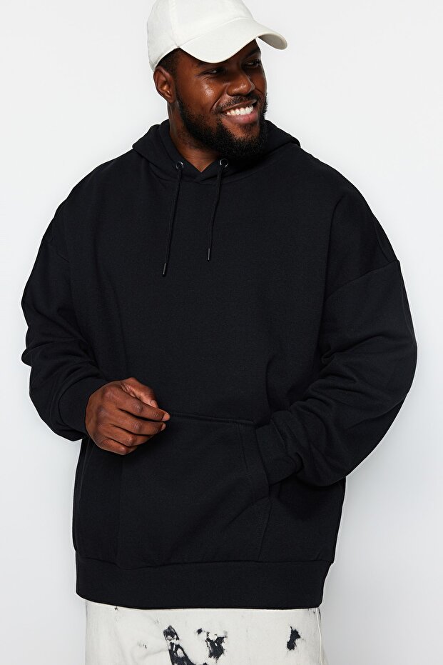 Siyah Büyük Beden apüşonlu Oversize/Geniş Kesim İçi Polar/Sıcak Tutan Sweatshirt TMNAW24AO00013 - 1