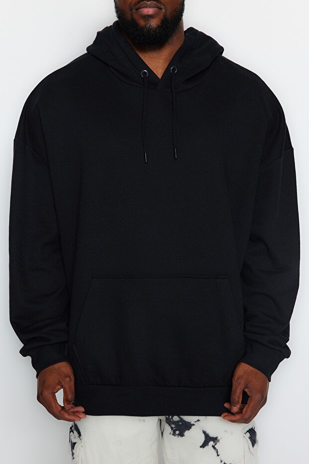 Siyah Büyük Beden apüşonlu Oversize/Geniş Kesim İçi Polar/Sıcak Tutan Sweatshirt TMNAW24AO00013 - 3