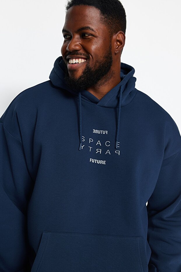 Indigo velká velikost s kapucí oversize reflexní potištěná teplá mikina Tmnaw24Ao00029 - 1