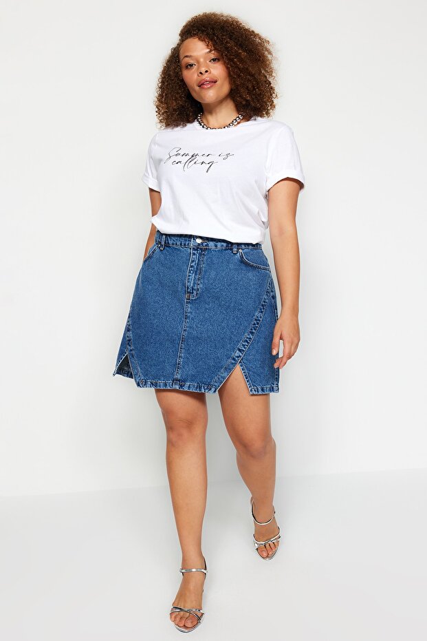 Mavi Çift Yırtmaçlı A line Comofrt/Orta Esnek BüyüK Beden Denim Etek TBBSS23AZ00056 - 1