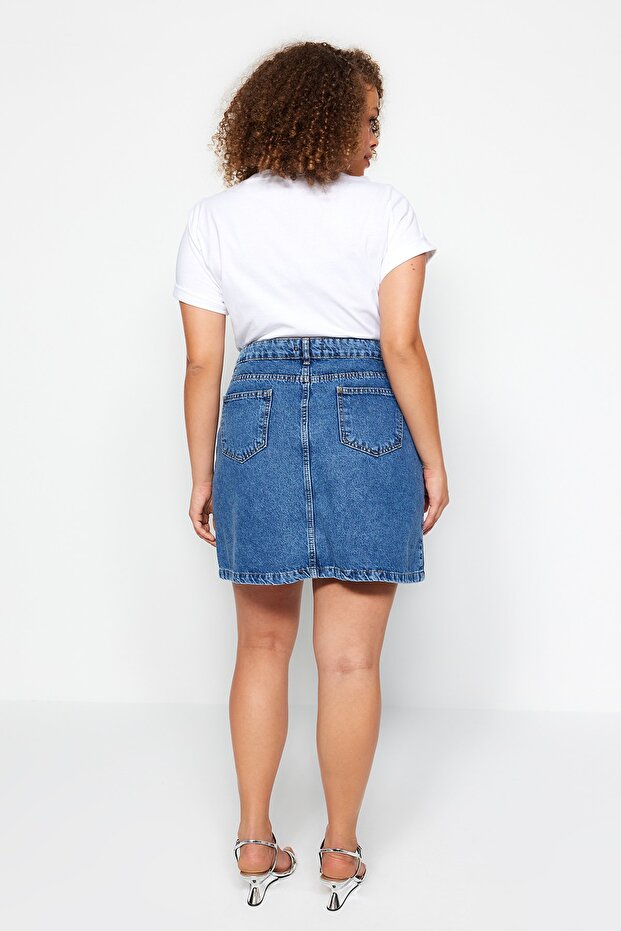 Mavi Çift Yırtmaçlı A line Comofrt/Orta Esnek BüyüK Beden Denim Etek TBBSS23AZ00056 - 5