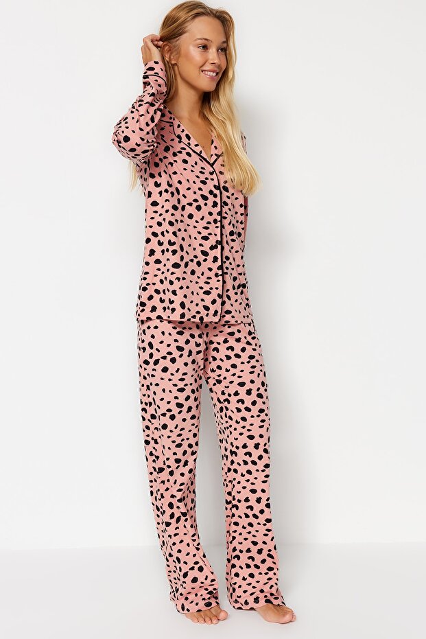 Pudra %100 Pamuklu Leopar Desenli Gömlek-Pantolon Örme Pijama Takımı THMAW21PT0489 - 2