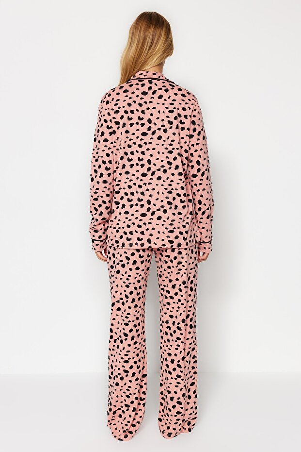Pudra %100 Pamuklu Leopar Desenli Gömlek-Pantolon Örme Pijama Takımı THMAW21PT0489 - 7