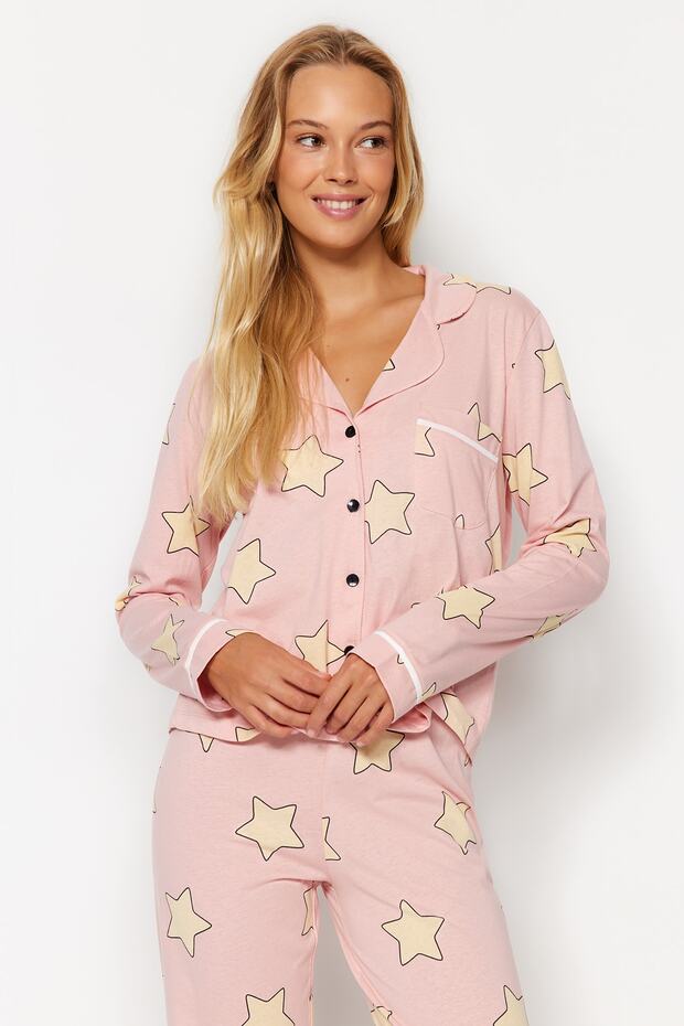 Pudra %100 Pamuklu Yıldız Desenli Örme Pijama Takımı THMAW21PT0456 - 4