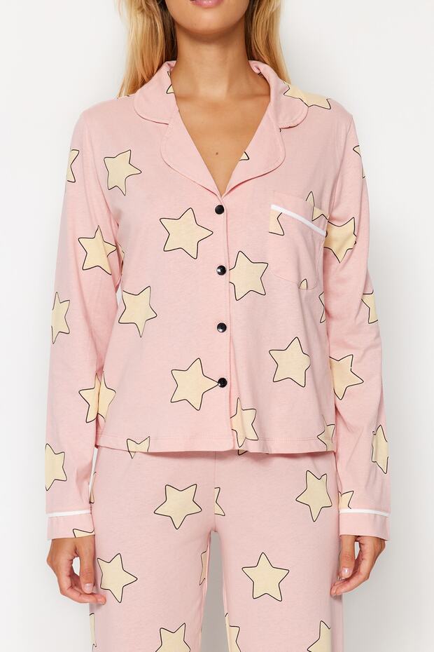 Pudra %100 Pamuklu Yıldız Desenli Örme Pijama Takımı THMAW21PT0456 - 5