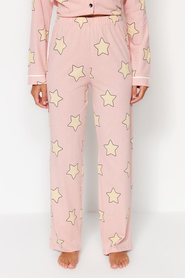 Pudra %100 Pamuklu Yıldız Desenli Örme Pijama Takımı THMAW21PT0456 - 6